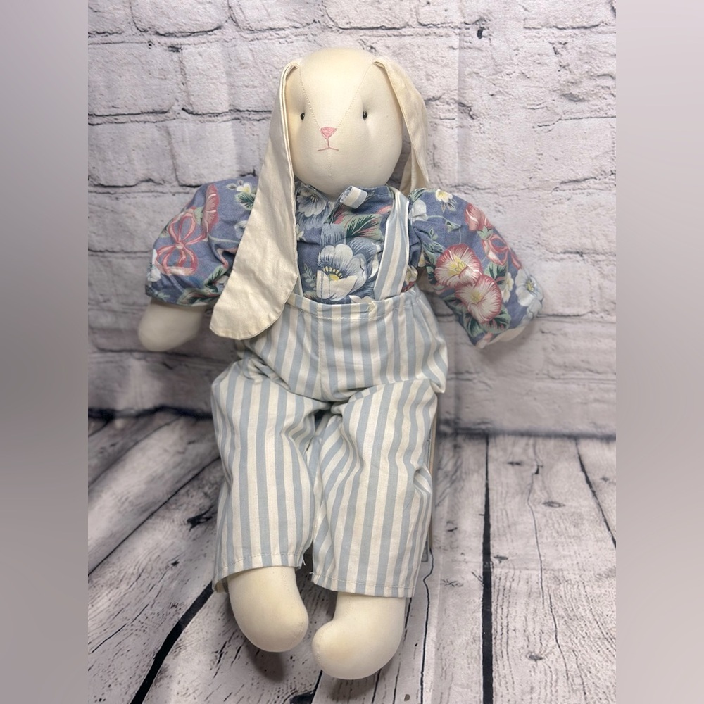 Handmade Vintage Rabbit Bunny Doll Easter Plush Overalls Floppy Ears 18“ Country